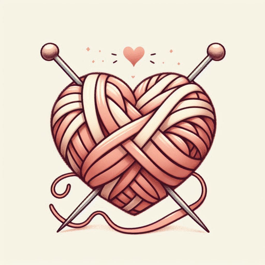 A heart-shaped ball of yarn with two knitting needles